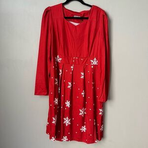 Red Midi Dress Womens XL Red Long Sleeve Holiday Winter Snowflake Knee Length